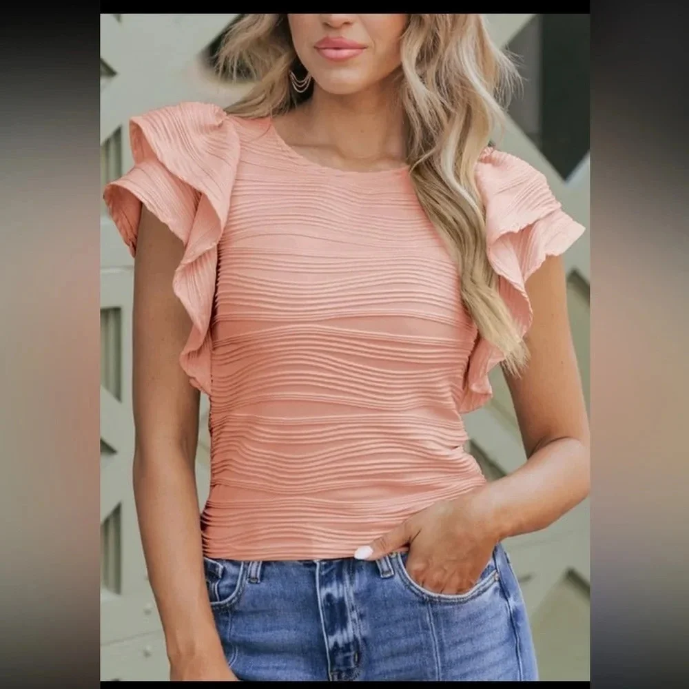Womens Tops Casual Crewneck Ruffle Short Sleeve T Shirts Slim Fit Dressy…